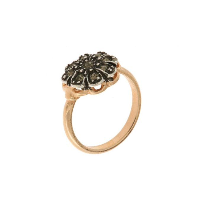 Anello in Argento 925 a forma di fiore stile antico con cristalli  fume' e bianchi