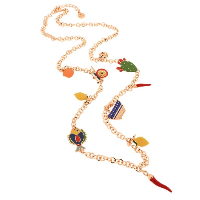 Collana in Metallo con charm siciliani, carretto, coffa, fico d'india, corno portafortuna