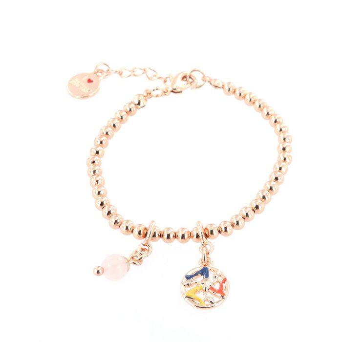 Bracciale in Metallo maglia a sfere piccole, con trinacria impreziosita da smalti e perlina rosa, pendenti