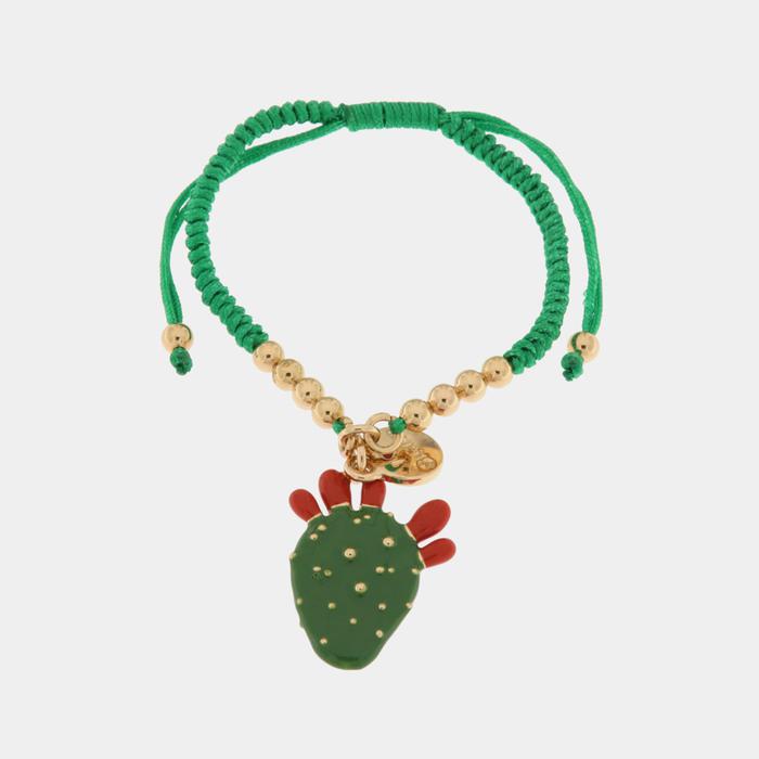 Bracciale in Metallo con cactus e cordino verde